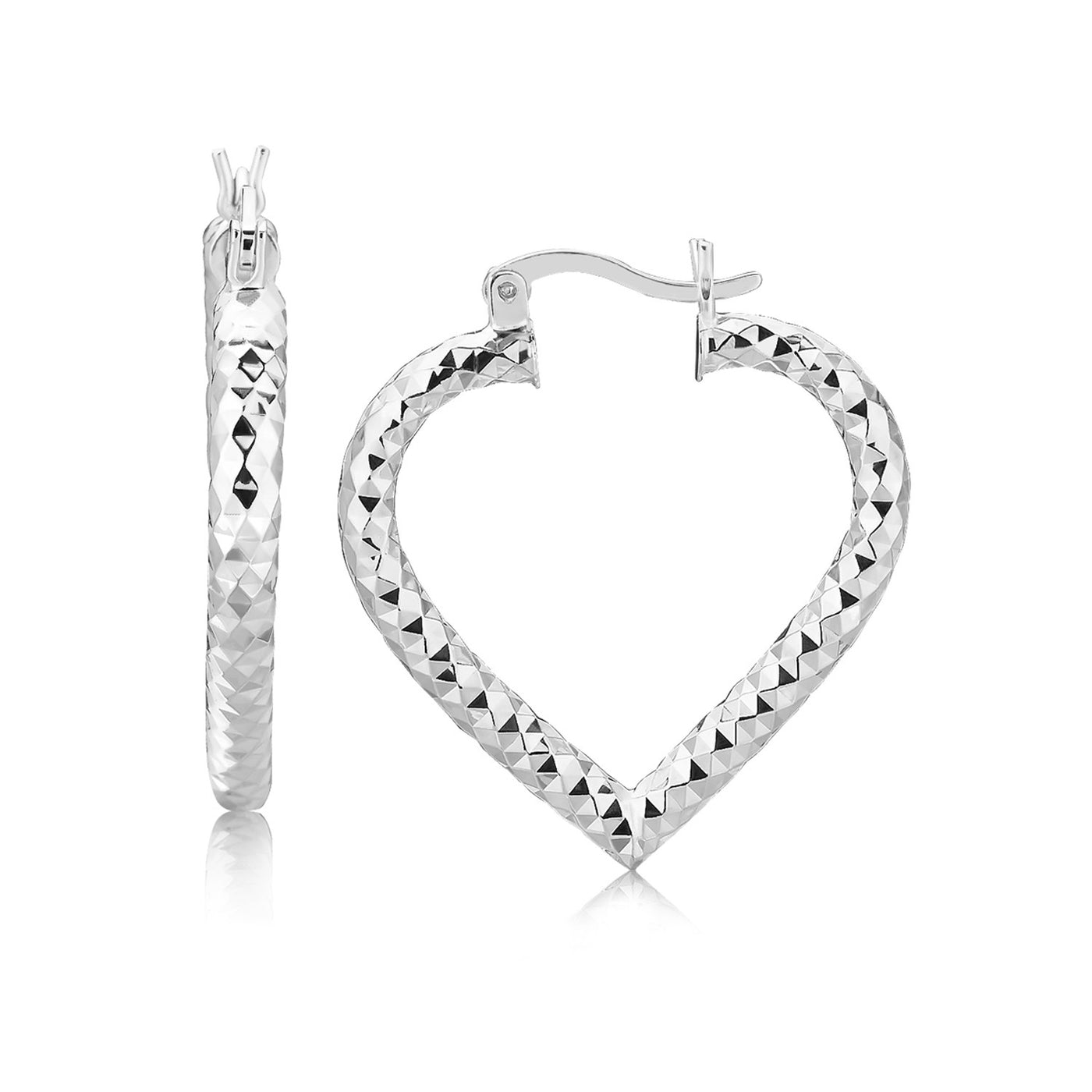 Diamond-Cut Heart Shape Sterling Silver and Rhodium Plated Hoop Earrings
