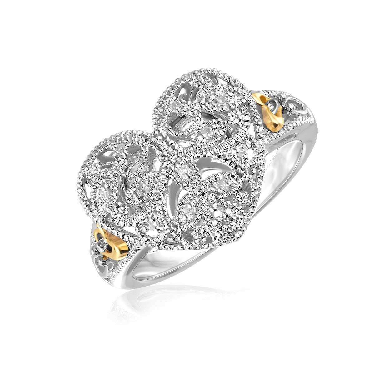 Diamond Heart Sterling Silver and 14k Yellow Gold Designer Filigree Ring (0.05 ct. t.w.)