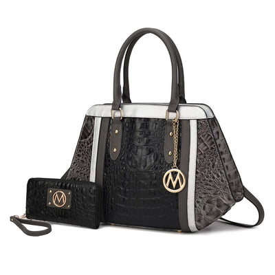Mia K. Daisy Croco Satchel Handbag and Wristlet Wallet Set - MKF Collection, Charcoal Gray